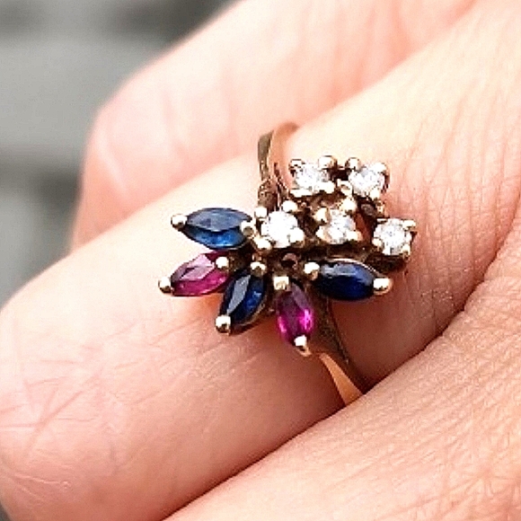 Vintage 80's 14k YG Diamond, Ruby, & Sapphire Spray Ring - Picture 1 of 8
